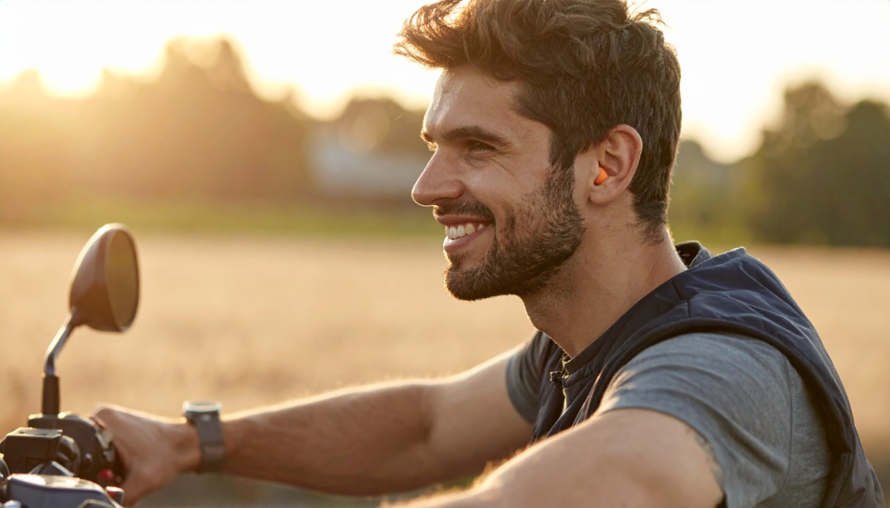 Biker with earplugs