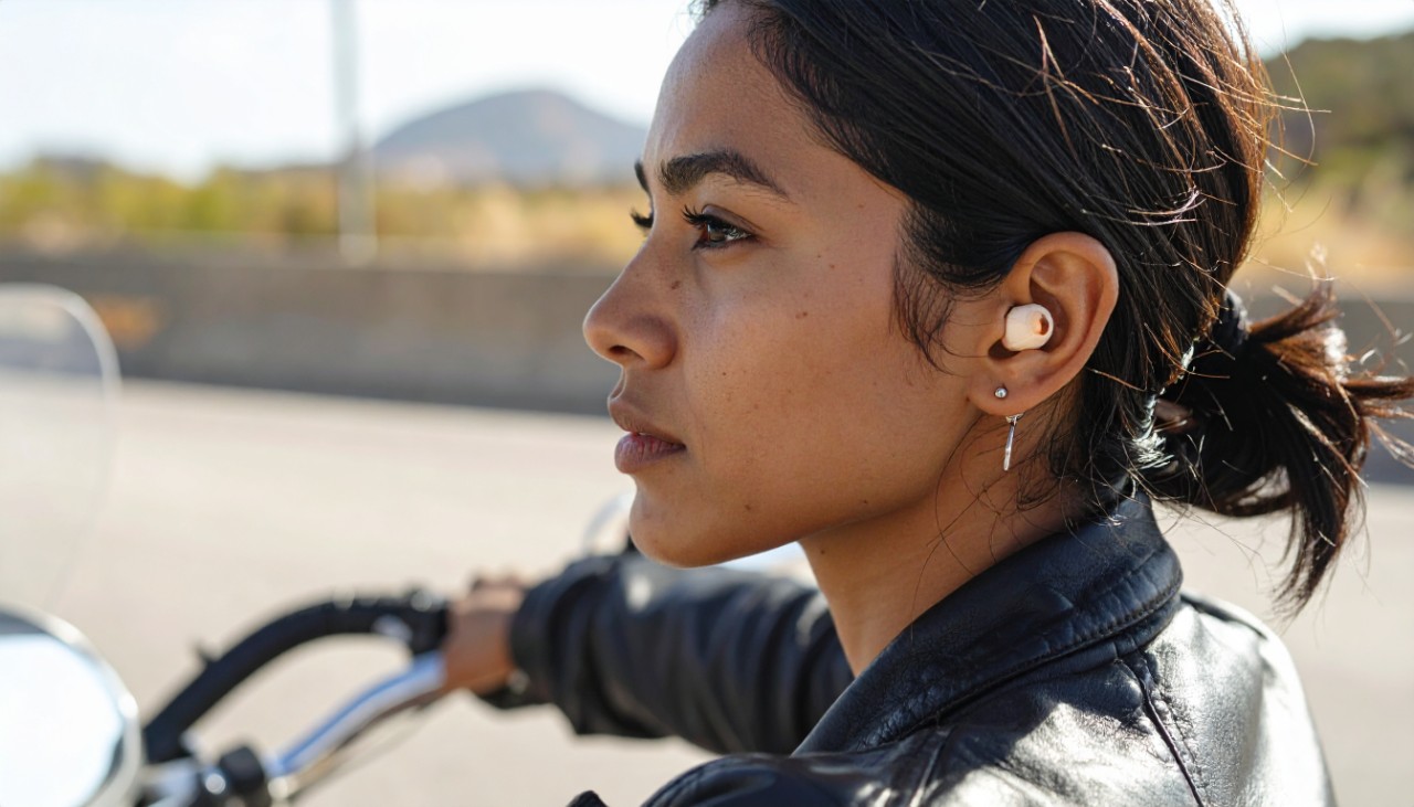 Woman riding a bike using motorcycle earplugs