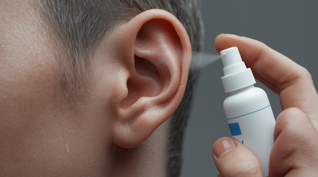 Spray auricolare spruzzato in un orecchio