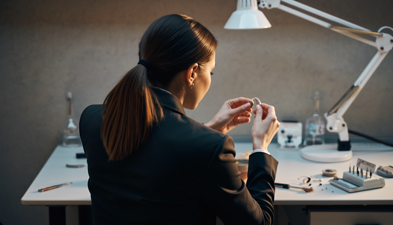 A woman repairing a hearing aid