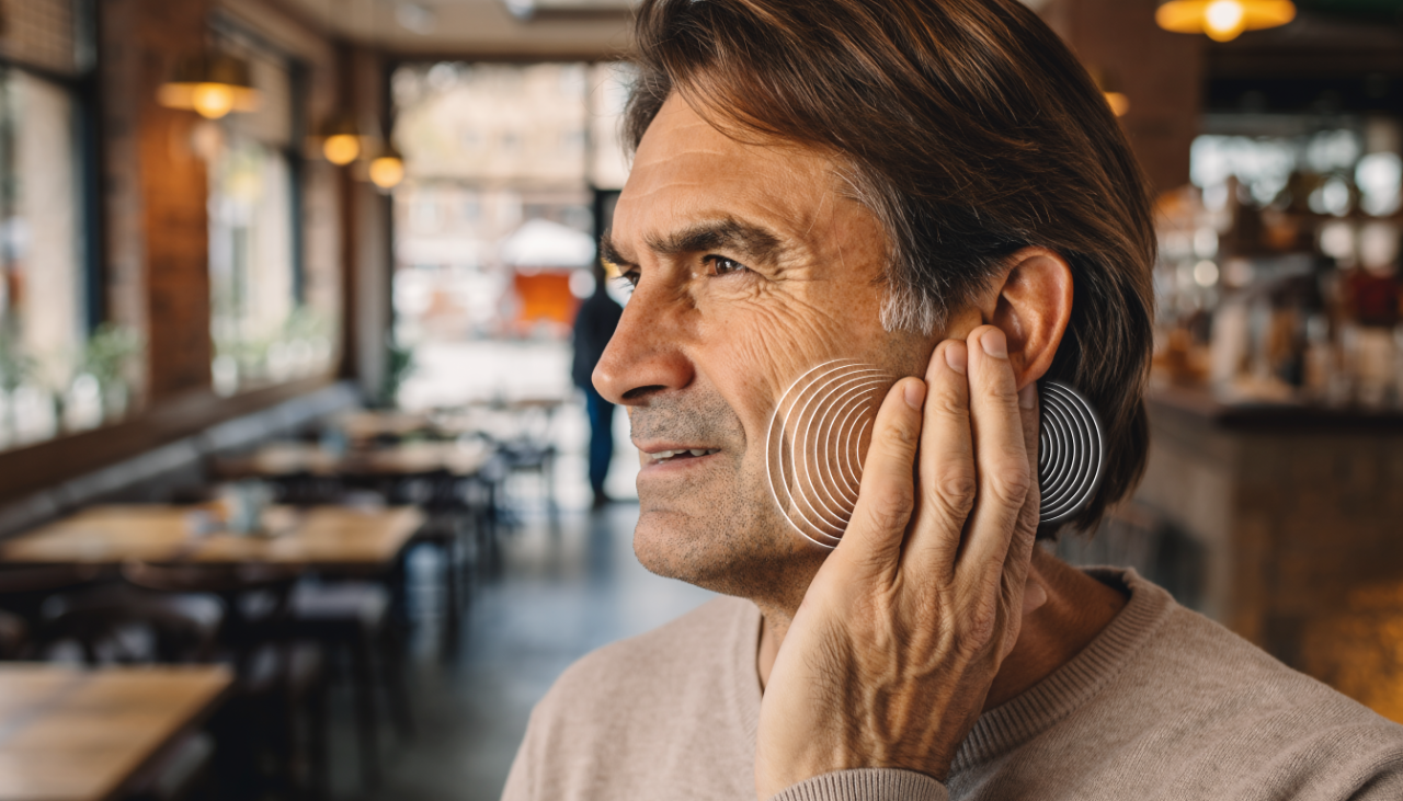 A man touching his ear