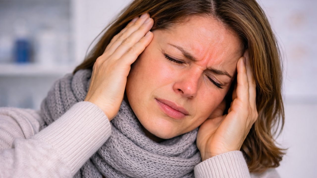 Donna che soffre per vertigini e sinusite