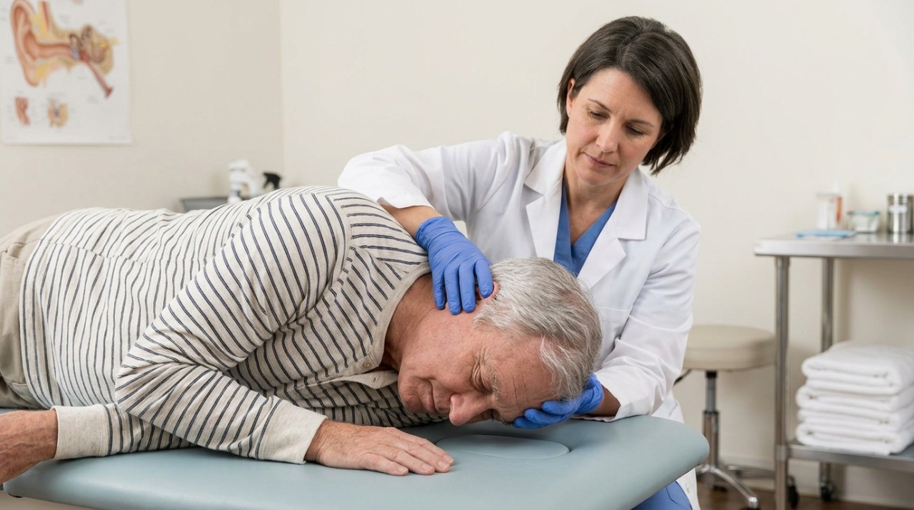 Patient âgé allongé sur le côté tandis qu’un soignant réalise la manœuvre de Semont