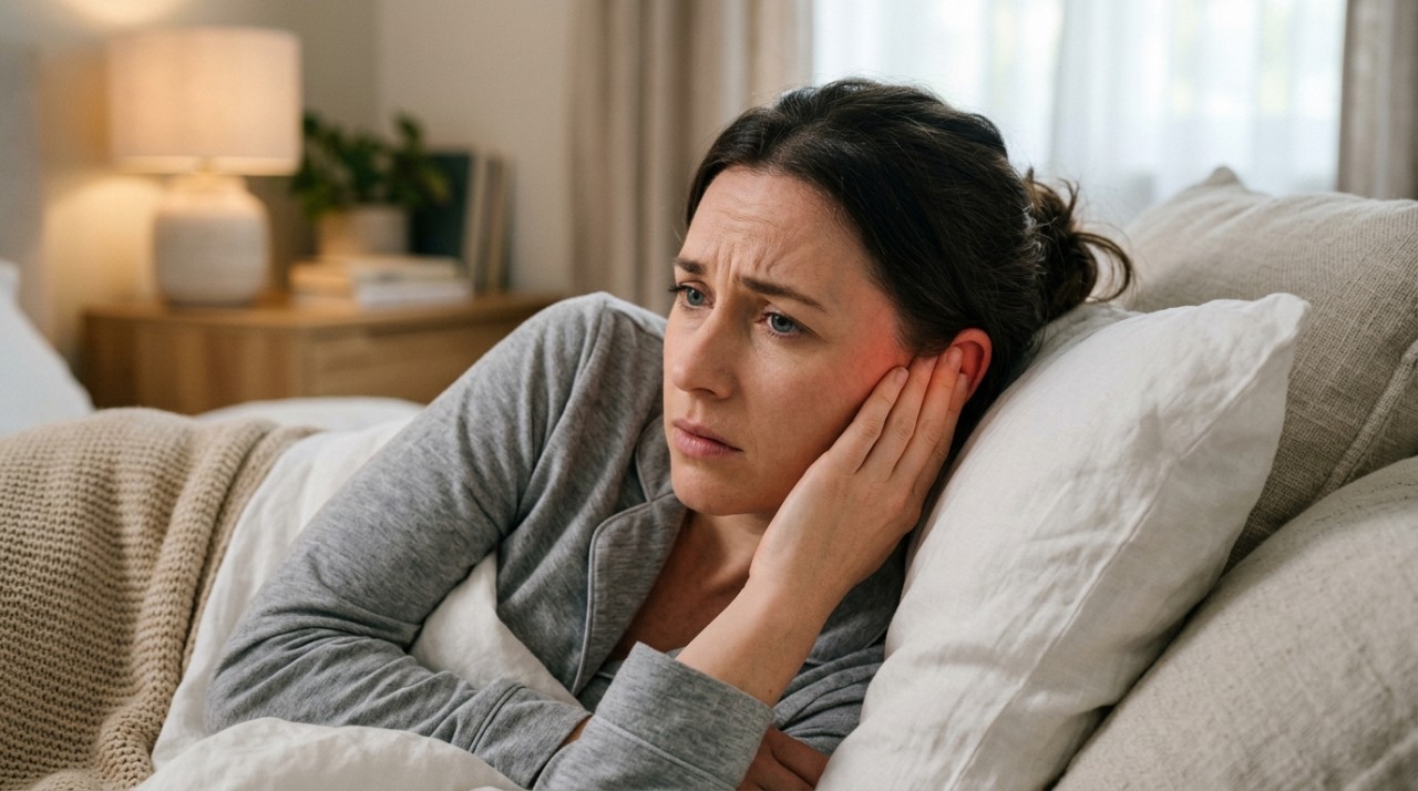 Women with ruptured eardrum laying in bed