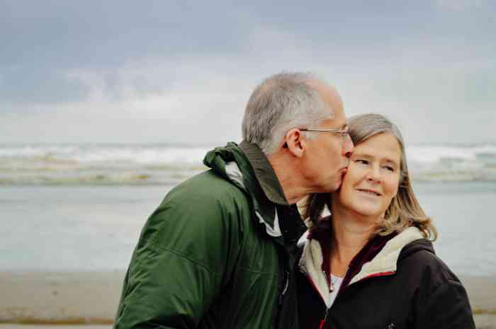 Close up of a couple on the beach in a winter day